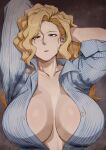  1girl absurdres akinaiyo arms_behind_head arms_up blonde_hair blue_shirt breasts brown_eyes collared_shirt eyeliner golden_boy hands_in_hair highres huge_breasts long_hair looking_at_viewer makeup mature_female no_bra onna_shachou pinstripe_pattern pinstripe_shirt shirt sleeves_pushed_up solo steaming_body striped sweat sweaty_clothes unbuttoned unbuttoned_shirt 