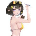  1girl arknights bare_arms bare_shoulders bikini black_hair blue_eyes bob_cut breasts chinese_commentary commentary_request eunectes_(arknights) from_side goggles goggles_on_head hands_up highres holding holding_pencil looking_at_viewer medium_breasts obniermarbiss parted_lips pencil pointy_ears short_hair simple_background solo string_bikini swimsuit upper_body white_background yellow_bikini 