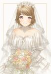  1girl absurdres bangs bare_shoulders bouquet breasts bridal_veil brown_hair cleavage collarbone commission dress grin highres holding holding_bouquet koizumi_hanayo looking_at_viewer love_live! medium_breasts off-shoulder_dress off_shoulder parted_lips pixiv_request purple_eyes short_hair smile solo swept_bangs teeth utamo_(utautamomo) veil wedding_dress white_dress 