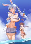  2girls absurdres animal_ear_fluff animal_ears bangs bare_shoulders bikini bikini_skirt blue_hair blue_sky blush bow braid breasts bunny-shaped_pupils carrot_hair_ornament cleavage cloud collarbone day detached_sleeves food-themed_hair_ornament hair_bow hair_ornament heterochromia highres hololive houshou_marine laughing long_hair medium_breasts mimihachi multicolored_hair multiple_girls navel nose_blush open_mouth orange_bow outdoors print_bikini rabbit_ears red_eyes red_hair scrunchie short_sleeves skirt sky stomach swimsuit symbol-shaped_pupils thigh_gap twin_braids twintails two-tone_hair untied untied_bikini usada_pekora very_long_hair virtual_youtuber wading wardrobe_malfunction water white_bow white_hair white_skirt wide-eyed wrist_scrunchie yellow_eyes 