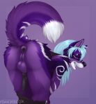  animal_genitalia anthro anus balls bent_over blue_hair butt canid canine fenn.perrox fox genitals hair herm hi_res intersex long_hair mammal penis piercing pinup pose pussy raised_tail sheath solo zaniah_(thatblackfox) 