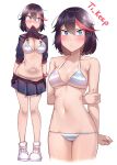  1girl arm_behind_back artist_name ass_visible_through_thighs bare_legs black_hair blue_eyes blush breasts cleavage closed_mouth collarbone contrapposto hair_between_eyes highres kill_la_kill looking_to_the_side lowleg lowleg_panties matoi_ryuuko medium_breasts medium_hair messy_hair miniskirt mouth_hold multicolored_hair navel panties pleated_skirt projected_inset sanpaku shoes simple_background skirt sneakers streaked_hair striped_underwear suspender_skirt suspenders suspenders_removed thigh_gap ti_keep tsurime underwear undressing white_background white_footwear 