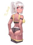  1girl artist_name ass ass_grab back bare_shoulders black_panties blush borrowed_character breasts closed_mouth cowboy_shot dark-skinned_female dark_skin earrings from_behind grabbing_own_ass grey_hair highres jewelry large_breasts looking_at_viewer looking_back original panties ponytail red_eyes shorts shorts_removed shoulder_blades sidelocks simple_background smile solo sports_bra ti_keep underwear white_background 