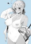 1girl :t ahoge alternate_breast_size arm_up artoria_pendragon_(fate) ass_visible_through_thighs bandaid bandaid_on_pussy bandaids_on_nipples blue_background blush breasts closed_mouth collarbone cowboy_shot fate/stay_night fate_(series) highres jacket large_breasts long_sleeves looking_at_viewer monochrome naked_jacket navel nipple_slip nipples one-piece_tan pasties pout saber shirokuma_(nankyoku) simple_background solo stomach sword tan tanlines v-shaped_eyebrows weapon wet 