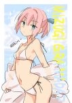  1girl alternate_breast_size bikini blue_eyes breasts commentary_request cowboy_shot kantai_collection looking_at_viewer pink_hair ponytail r-king robe romaji_text shiranui_(kancolle) short_hair side-tie_bikini small_breasts solo standing swimsuit twitter_username white_bikini white_robe 