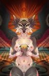  anthro areola blood bodily_fluids breasts canid canine card chest_tuft chromafoss claws digital_media_(artwork) ears_up female fur genitals grey_body grey_fur hi_res inverted_nipples looking_at_viewer mammal multi_eye nipples nude pussy solo tarot_card tuft white_body white_fur 