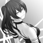  armband back bangs breasts chien_zero choker cleavage downblouse from_behind greyscale halterneck looking_at_viewer looking_back monochrome ponytail simple_background smile sousou_no_frieren ubel_(sousou_no_frieren) 