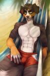  2022 5_fingers abs anthro beach black_body black_fur brown_nose canid canine canis clothed clothing day detailed_background digital_media_(artwork) domestic_dog eyebrows eyelashes fingers fur hi_res male mammal outside sand seaside shoreline smile solo sunnyowi water white_body white_fur yellow_eyes 