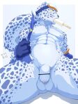  2022 4_fingers abs anthro balls bemani blue_body blue_clothing blue_ears blue_fur blue_gloves blue_handwear blue_spots censored chest_tuft chirasgi clothing dated felid fingers flaccid foreskin front_view fur fur_tuft genitals gloves handwear hi_res humanoid_genitalia humanoid_penis konami male mammal markings navel nipples ollie_(pop&#039;n_music) pantherine pecs penis pop&#039;n_music snow_leopard spots spotted_body spotted_ears spotted_fur spotted_markings spotted_tail tail_markings topwear tuft unretracted_foreskin video_games yellow_eyes 