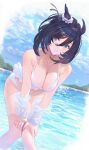  1girl absurdres animal_ears bangs bare_legs bare_shoulders bikini black_hair black_ribbon blue_eyes blue_sky blurry blurry_background breasts cleavage closed_mouth cloud collarbone commentary day detached_sleeves ear_ribbon ear_scrunchie eishin_flash_(umamusume) feet_out_of_frame frilled_bikini frills hair_between_eyes halter_top halterneck hands_on_own_thighs highres horse_ears horse_girl knees_together_feet_apart leaning_forward lens_flare light_blush looking_at_viewer medium_breasts medium_hair occa-key outdoors ribbon scrunchie see-through see-through_sleeves short_sleeves sky sleeves_past_wrists solo sparkle standing striped striped_ribbon swimsuit umamusume wading water white_bikini white_scrunchie wide_sleeves 