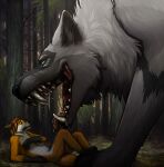  anthro bodily_fluids canid canine canis digital_media_(artwork) drooling duo female feral forest forest_background fox fur hair hi_res lemondeer male male/female mammal nature nature_background open_mouth oral_vore plant saliva size_difference smile teeth teeth_showing tongue tree vore wolf 