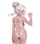  1girl artist_name ass back bare_shoulders black_swimsuit butt_crack candy casual_one-piece_swimsuit cowboy_shot dark_skin double_vertical_stripe food from_behind grey_hair gris_swimsuit hair_bun highleg highleg_swimsuit highres lollipop looking_back meme_attire one-piece_swimsuit original see-through see-through_swimsuit shiny shiny_clothes shoulder_blades solo strapless strapless_swimsuit swimsuit ti_keep white_background 