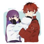  1boy 1girl coat copyright_name esu_(transc) fern_(sousou_no_frieren) hands_on_another&#039;s_cheeks hands_on_another&#039;s_face highres long_hair looking_at_viewer looking_to_the_side puffy_cheeks purple_eyes purple_hair red_eyes red_hair scarf short_hair simple_background sousou_no_frieren stark_(sousou_no_frieren) 