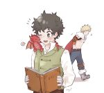  2boys alternate_eye_color alternate_hair_color aqistory bakugou_katsuki belt black_eyes black_hair blank_eyes blonde_hair blue_pants boku_no_hero_academia book boots cape closed_mouth commentary dragon dragon_on_shoulder english_commentary freckles fur-trimmed_cape fur_trim gloves green_vest heart highres holding holding_book knee_pads long_sleeves looking_at_another male_focus midoriya_izuku mini_dragon multiple_boys official_alternate_costume one_eye_closed open_mouth pants red_cape shirt short_hair simple_background spiked_hair spoken_heart standing topless_male vest white_background white_shirt 