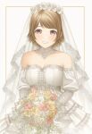  1girl absurdres bangs bare_shoulders bouquet breasts bridal_veil brown_hair cleavage collarbone commission dress grin highres holding holding_bouquet koizumi_hanayo looking_at_viewer love_live! medium_breasts off-shoulder_dress off_shoulder parted_lips pixiv_request purple_eyes short_hair smile solo swept_bangs teeth utamo_(utautamomo) veil wedding_dress white_dress 