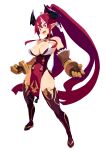  1girl absurdres bangs breasts demon_girl demon_horns disgaea full_body gauntlets harada_takehito high_ponytail highres horns large_breasts long_hair makai_senki_disgaea_7 multicolored_hair open_mouth pelvic_curtain pink_hair pointy_ears red_eyes red_hair simple_background solo standing streaked_hair thighhighs two-tone_hair upper_body very_long_hair white_background 