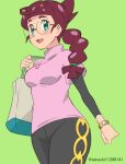  1girl :d bag blush braid braided_ponytail breasts brown_hair commentary_request eyelashes from_below glasses green_background green_bag green_eyes hand_up highres holding_strap jewelry long_hair necklace open_mouth pants pokemon pokemon_(anime) pokemon_journeys shinohara_takashi shirt short_sleeves simple_background smile solo sweater talia_(pokemon) tongue watch wristwatch 