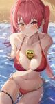  1girl absurdres arrow_through_heart bangs beach between_breasts bikini black_ribbon blush breasts cleavage collarbone cup fang hair_between_eyes hair_ribbon halterneck heterochromia highres hololive houshou_marine large_breasts long_hair looking_at_viewer mug navel partially_submerged red_bikini red_hair ribbon sitting skin_fang smile solo swimsuit thigh_strap twintails virtual_youtuber water wet yamamoto_(ymmt_is_sexy) yellow_eyes 