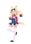  1girl absurdres animal_ear_fluff animal_ears backpack bag blonde_hair blue_eyes blue_footwear blue_skirt coin detached_sleeves disgaea dog_ears dog_girl dog_tail extra_ears fang full_body gold hair_ornament high-waist_skirt highres koban_(gold) loafers makai_senki_disgaea_7 nagano_tsukasa neckerchief open_mouth outstretched_arm photoshop_(medium) pointy_ears shoes simple_background skirt solo strap_pull tail thighhighs white_background white_thighhighs zettai_ryouiki 