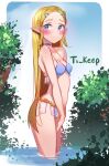  1girl arched_back bare_shoulders bikini blonde_hair blue_bikini blue_eyes blush braid breasts choker cleavage closed_mouth collarbone cowboy_shot crown_braid foliage forehead from_side gold highres long_hair looking_at_viewer outdoors pointy_ears princess_zelda smile solo swimsuit the_legend_of_zelda ti_keep v_arms very_long_hair wading 