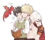  ! 2boys abs alternate_eye_color alternate_hair_color anger_vein angry aqistory bakugou_katsuki belt black_eyes black_hair blonde_hair boku_no_hero_academia book brown_pants cape commentary detached_sleeves dragon earrings elbow_pads english_commentary freckles fur-trimmed_cape fur_trim gloves green_vest hand_on_another&#039;s_shoulder highres holding holding_book jewelry licking licking_another&#039;s_face long_sleeves male_focus midoriya_izuku mini_dragon multiple_boys necklace nipples official_alternate_costume one_eye_closed open_mouth orange_sleeves pants pectorals red_cape red_eyes saliva shirt short_hair shoulder_tattoo signature simple_background spiked_hair spoken_exclamation_mark standing tattoo topless_male upper_body vest white_background white_shirt yaoi 