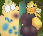  antennae_(anatomy) anthro arthropod arthropod_abdomen asty_(plushtrapboyuwu) balls bee big_balls big_penis black_sclera blue_body blush bodily_fluids clothing colored_cum cum cum_covered cum_in_mouth cum_inside cum_on_face cum_on_leg cum_on_penis duo english_text erection excessive_cum fellatio flaccid genital_fluids genitals glory_hole hand_on_penis hat headgear headwear hi_res huge_balls huge_penis hymenopteran hyper hyper_balls hyper_genitalia hyper_penis insect male male/male messy multicolored_body nude open_mouth oral party_hat penile penis plushtrapboyuwu sex sitting text thick_thighs toilet two_tone_body unusual_bodily_fluids unusual_cum unusual_genital_fluids wall_(structure) white_eyes wide_eyed yellow_cum 