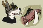  anthro antlers bodily_fluids canid canine cervid clothed clothing digital_media_(artwork) duo female fur hair horn human hybrid lemondeer male male/female mammal open_mouth oral_vore simple_background size_difference tongue vore whiskers 