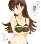  1girl bikini breasts brown_eyes brown_hair green_bikini kantai_collection kujira_naoto large_breasts long_hair looking_back navel ooi_(kancolle) side-tie_bikini simple_background solo swimsuit translation_request upper_body white_background 