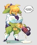  big_breasts blonde_hair bodily_fluids breasts clothed clothing cum genital_fluids genitals goblin grey_background gynomorph hair hair_over_eyes hi_res humanoid intersex masturbation nedoiko no_underwear not_furry penile penile_masturbation penis simple_background thick_thighs 
