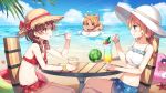  &gt;_&lt; 100_percent_orange_juice alternate_costume animal_ears ayamy beach bikini blonde_hair blue_bikini blue_eyes blue_sarong bow bracelet breasts brown_hair brown_headwear cloud cloudy_sky collarbone cup day dog_ears dog_girl dog_tail fernet_(red_barrel) flying_red_barrel food fruit hat hat_bow hat_ribbon highres holding holding_cup holding_spoon jewelry juice marc_(red_barrel) midriff navel non-web_source ocean official_alternate_costume one-piece_swimsuit open_mouth orange_swimsuit outdoors pudding qp qp_shooting red_bikini red_bow red_sarong ribbon sarong short_twintails sitting sky small_breasts spoon starfish stomach straw_hat strawberry sun_hat swimsuit tail tan twintails watermelon white_headwear 