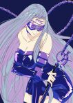  1girl absurdres blindfold blue_background covered_eyes facial_mark fate/stay_night fate_(series) forehead forehead_mark highres long_hair medusa_(fate) medusa_(rider)_(fate) nameless_dagger_(fate) purple_hair simple_background solo very_long_hair xtango 