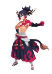  1boy absurdres bandages black_hair clenched_hand demon_boy disgaea full_body hakama hand_on_hip highres horns japanese_clothes long_hair makai_senki_disgaea_7 multicolored_hair muscular muscular_male nagano_tsukasa official_art outstretched_arm photoshop_(medium) pointy_ears ponytail red_eyes red_hair simple_background smile solo standing tail tattoo topless_male two-tone_hair white_background 
