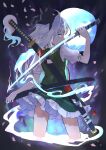  1girl ahase_hino black_headband black_ribbon blue_eyes commentary frilled_skirt frills from_behind green_skirt green_vest hair_ribbon hand_on_sheath headband highres holding holding_sword holding_weapon katana konpaku_youmu konpaku_youmu_(ghost) looking_at_viewer looking_back medium_hair petals ribbon shirt short_sleeves skirt solo sword touhou vest wakizashi weapon white_hair white_shirt 