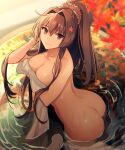  1girl ass autumn_leaves bad_anatomy bangs bath bathing breast_hold breasts brown_hair cleavage collarbone covering flower hair_between_eyes hair_flower hair_intakes hair_ornament highres kantai_collection kasumi_(skchkko) large_breasts long_hair looking_at_viewer looking_up nude_cover onsen outdoors partially_submerged ponytail reflection ripples rock smile solo towel tree very_long_hair wading water water_spring wet yamato_(kancolle) 