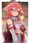  1girl absurdres animal_ears blurry blurry_background blush breasts breath closed_mouth clothes_pull commentary detached_sleeves earrings fox_ears genshin_impact grabbing_own_breast half-closed_eyes headpiece highres japanese_clothes jewelry licking_lips long_hair looking_at_viewer medium_breasts necklace obi pink_hair pomesaurus pulled_by_self purple_eyes sash seductive_smile smile solo sweat tongue tongue_out upper_body wet wet_clothes wide_sleeves yae_miko 