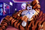  absurd_res ahegao anthro bed bedroom ekoi1995 fake_cat_ears fake_ears felid frosted_flakes furniture headphones hi_res kellogg&#039;s looking_pleasured male mammal mascot masturbation microphone muscular muscular_anthro muscular_male nipples pantherine pubes solo tiger tony_the_tiger vtuber 