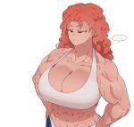  1girl abs biceps black_eyes breasts cleavage curly_hair highres large_breasts looking_to_the_side muscular muscular_female oddsnail original red_hair solo speech_bubble sports_bra white_background 