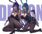  2girls animal_ears arm_on_shoulder azur_lane black_footwear black_leotard black_pantyhose blue_hair boise_(azur_lane) boise_(sheepish_sapphire)_(azur_lane) breasts cleavage detached_collar fake_animal_ears full_body high_heels highres huge_breasts kneeling leotard light_blue_hair lips long_hair looking_at_viewer mechanical_ears multiple_girls new_jersey_(azur_lane) new_jersey_(exhilarating_steps!)_(azur_lane) nose pantyhose playboy_bunny purple_eyes purple_hair rabbit_ears shoes simple_background strapless strapless_leotard white_background wrist_cuffs xixi_(xixihenlan_ing) 