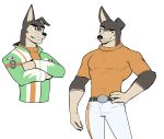  2022 anthro belt black_eyes black_nose bottomwear buddy_thunderstruck_(character) buddy_thunderstruck_(series) canid canine canis clothing crossed_arms domestic_dog eyebrows fangs floppy_ears front_view fur gloves_(marking) green_clothing green_jacket green_topwear grey_body grey_fur grin hand_on_hip hi_res jacket jrjresq looking_away male mammal markings multiple_poses muscular muscular_anthro muscular_male orange_bottomwear orange_clothing orange_pants orange_sweater orange_topwear pants pose pupils raised_eyebrow simple_background smile smirk solo sweater tan_body tan_fur tan_inner_ear topwear whiskers white_background white_bottomwear white_clothing white_jacket white_pants white_pupils white_topwear 