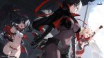  3girls arm_up asymmetrical_clothes azur_lane bikini black_bra black_capelet black_gloves black_hair black_thighhighs blonde_hair bluecher_(azur_lane) bodystocking bra breasts bruenhilde_(azur_lane) capelet colored_inner_hair commentary_request cross fang fingerless_gloves from_below gauntlets gloves grey_jacket hair_between_eyes headgear highres horns impossible_clothes iron_cross jacket long_hair mechanical_horns medium_hair miniskirt multi-strapped_bikini_bottom multicolored_hair multiple_girls navel official_art open_mouth plaid plaid_skirt pleated_skirt red_eyes red_horns red_ribbon red_skirt revealing_clothes ribbon short_hair single_gauntlet skin_fang skirt small_breasts split-color_hair swimsuit symbol-shaped_pupils thighhighs twintails two-tone_hair underwear walking white_bikini white_hair whitem_(whiteemperor2020) x-shaped_pupils z16_(azur_lane) 