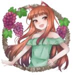  1girl :d animal_ears bangs bare_shoulders brown_eyes brown_hair food fruit grapes green_shirt hand_on_hip highres holo looking_at_viewer mayumura_basako shinsetsu_spice_and_wolf shirt simple_background smile spice_and_wolf upper_body white_background wolf_ears 