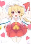  1girl :d absurdres ascot backlighting blonde_hair blush collared_shirt crystal fangs flandre_day flandre_scarlet frilled_shirt_collar frilled_skirt frills hat heart highres imminent_hug long_hair mob_cap multicolored_wings open_mouth outstretched_arms puffy_short_sleeves puffy_sleeves red_eyes red_skirt red_vest shirt short_sleeves simple_background skirt skirt_set smile solo touhou vest white_background white_headwear white_shirt wings yellow_ascot youka1258 