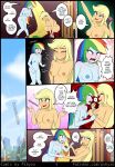  angry applejack_(mlp) banana blonde_hair blush breasts clothing clothing_grab comic costume covering covering_breasts duo embarrassed english_text equestria_girls female food freckles friendship_is_magic fruit genitals green_eyes hair hasbro hi_res human mammal multicolored_hair my_little_pony plant pshyzo purple_eyes pussy rainbow_dash_(mlp) rainbow_hair shocked_expression speech_bubble text throwing url 