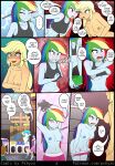  applejack_(mlp) blonde_hair blush bottomwear breasts clothing comic crossed_arms duo embarrassed equestria_girls female fist folded_clothing freckles friendship_is_magic genitals green_eyes hair hi_res human mammal multicolored_hair my_little_pony octavia_(mlp) pshyzo public public_nudity purple_eyes pussy rainbow_dash_(mlp) rainbow_hair shirt shorts tank_top taunting topwear undressing vinyl_scratch_(mlp) 