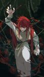  1boy bangs flower green_eyes highres k00s kurama_(yu_yu_hakusho) long_hair looking_at_viewer male_focus open_hand pants parted_lips plant red_flower red_hair red_rose rose shirt solo thorns vines white_pants white_shirt yellow_shirt yu_yu_hakusho 