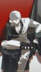  1boy bare_pectorals black_footwear black_jacket boots gintama grey_hair hand_on_own_cheek hand_on_own_face highres jacket k00s leaning_forward looking_at_viewer male_focus pants pectorals sakata_gintoki smile smug solo sword weapon weapon_on_back white_jacket white_pants 