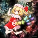  1girl arm_up bangs black_footwear blonde_hair bloomers blush closed_mouth commentary_request crystal fangs fangs_out flandre_day flandre_scarlet frilled_skirt frilled_sleeves frills from_behind full_body glowing glowing_wings hair_between_eyes hat highres holding laevatein_(touhou) looking_at_viewer looking_back mitya mob_cap multicolored_wings one_side_up pointy_ears puffy_short_sleeves puffy_sleeves red_eyes red_ribbon red_skirt red_vest ribbon ribbon-trimmed_headwear ribbon_trim shirt shoe_soles shoes short_sleeves skirt skirt_set smile socks solo touhou twitter_username underwear vest white_bloomers white_headwear white_shirt white_socks wings 