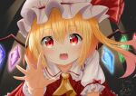  1girl absurdres ascot blonde_hair blush collared_shirt commentary_request crystal fang flandre_scarlet frilled_shirt_collar frilled_skirt frilled_sleeves frills glowing glowing_wings hair_between_eyes hat hat_ribbon highres looking_at_viewer medium_hair mob_cap multicolored_wings open_mouth outstretched_arm outstretched_hand puffy_short_sleeves puffy_sleeves red_eyes red_ribbon red_skirt red_vest rense_1010_(number_nanashi) ribbon shirt short_sleeves side_ponytail skirt skirt_set solo touhou upper_body vest white_headwear white_shirt wings yellow_ascot 