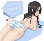  1girl akiyama_mio ass black_eyes black_hair blue_panties blush breast_squeeze breasts frown heart huge_breasts k-on! large_breasts long_hair looking_back lying on_stomach open_mouth panties sideboob solo striped striped_panties thighs topless underwear white_panties young_savage 