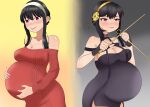  1girl absurdres belly big_belly black_dress black_gloves black_hair blush breasts dress fat gloves hand_on_own_stomach highres plump ppalitexx pregnant red_dress red_eyes smile spy_x_family yor_briar 